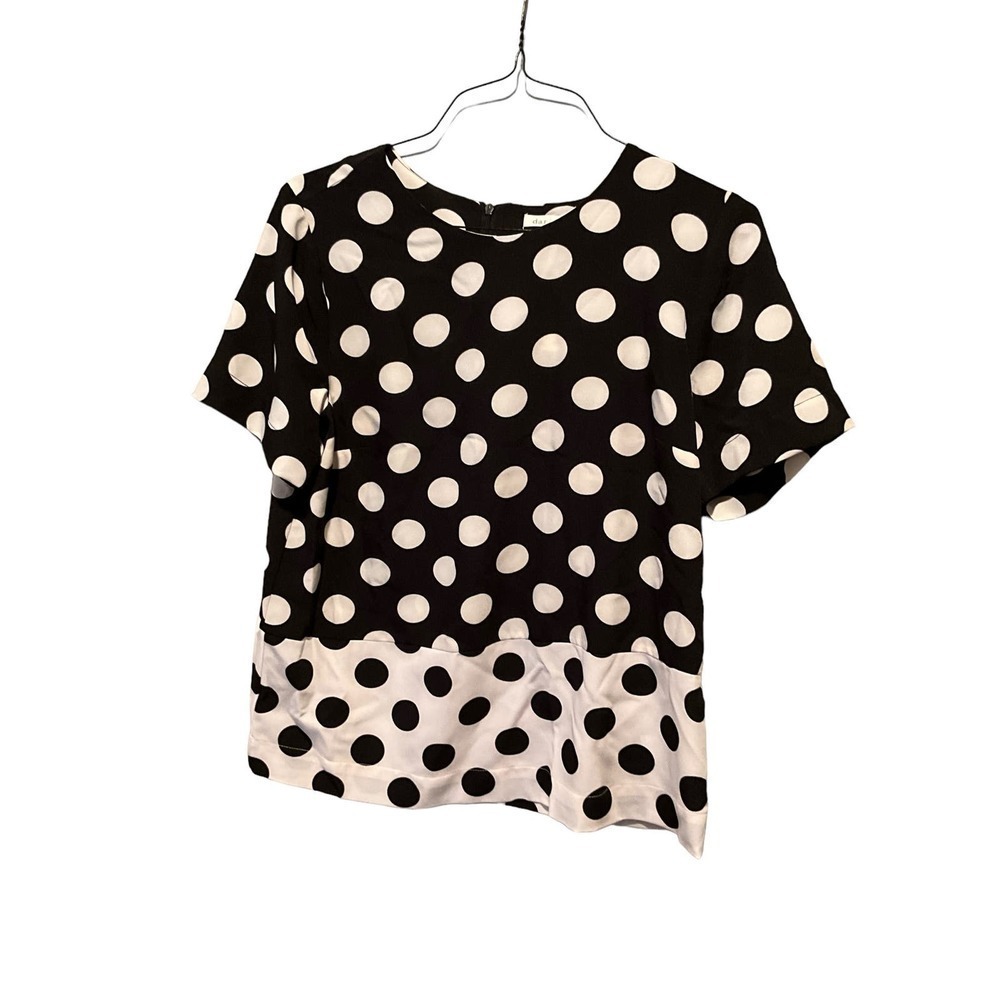 Daniel‎ Rain Blouse Top Women's L Black/White Polka Dot Short Sleeve Round Neck